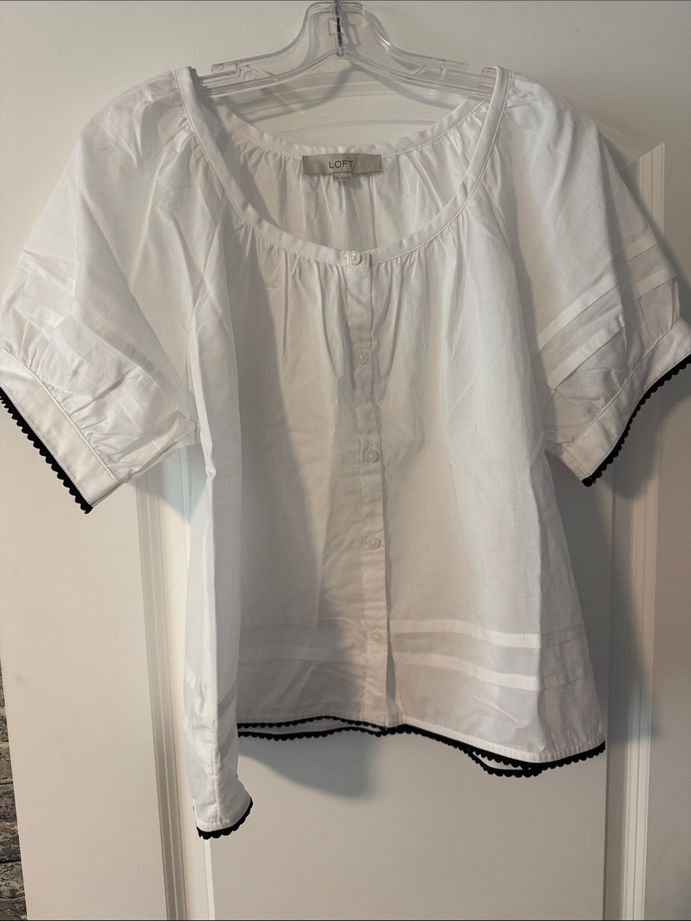 LOFT White Button-Front Peasant Blouse with Black Trim